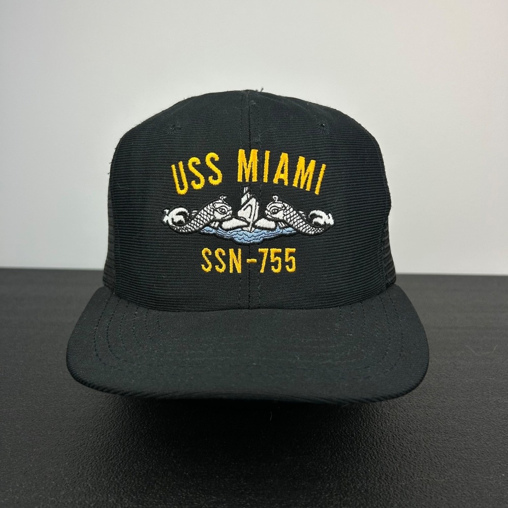 Vintage 80s USS Miami SNN-755 Trucker Hat Cap Snap Back Adjustable Military Ship